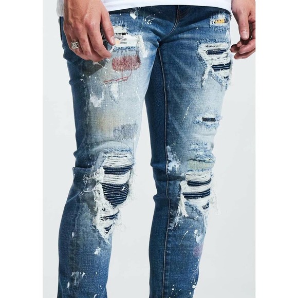 Embellish NYC Men's Rip & Repair Patchwork Distressed Skinny Fit Denim Jeans - Picture 3 of 3